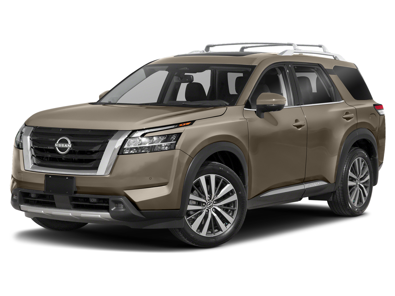 2024 Nissan Pathfinder Platinum in Baja Storm — front three-quarter view