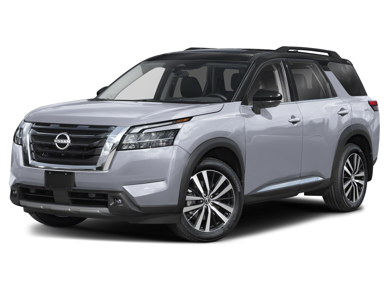2025 Nissan Pathfinder Platinum in Solid Gray/Super Black — front three-quarter view