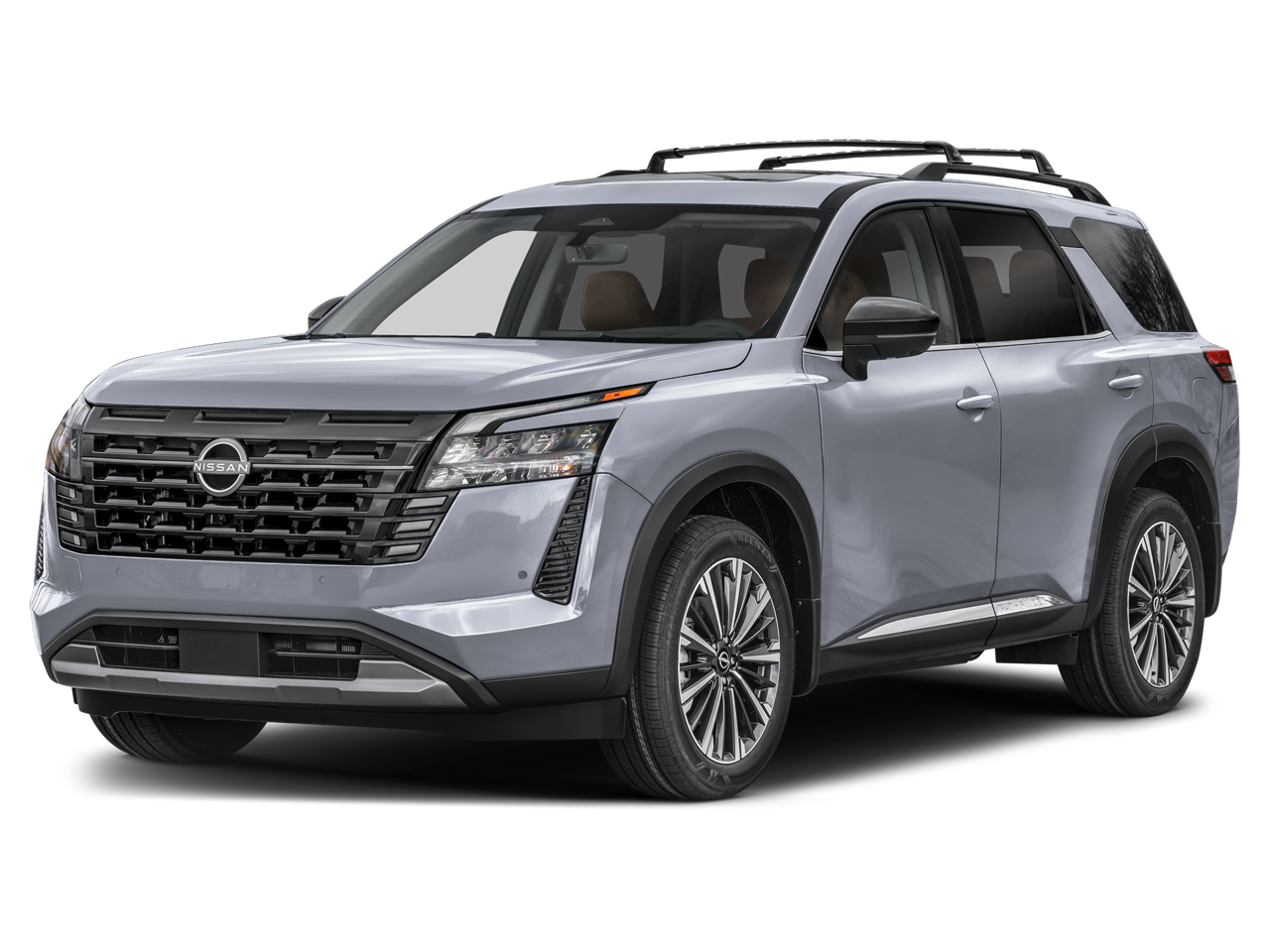2026 Nissan Pathfinder Platinum in Boulder Gray Pearl — front three-quarter view