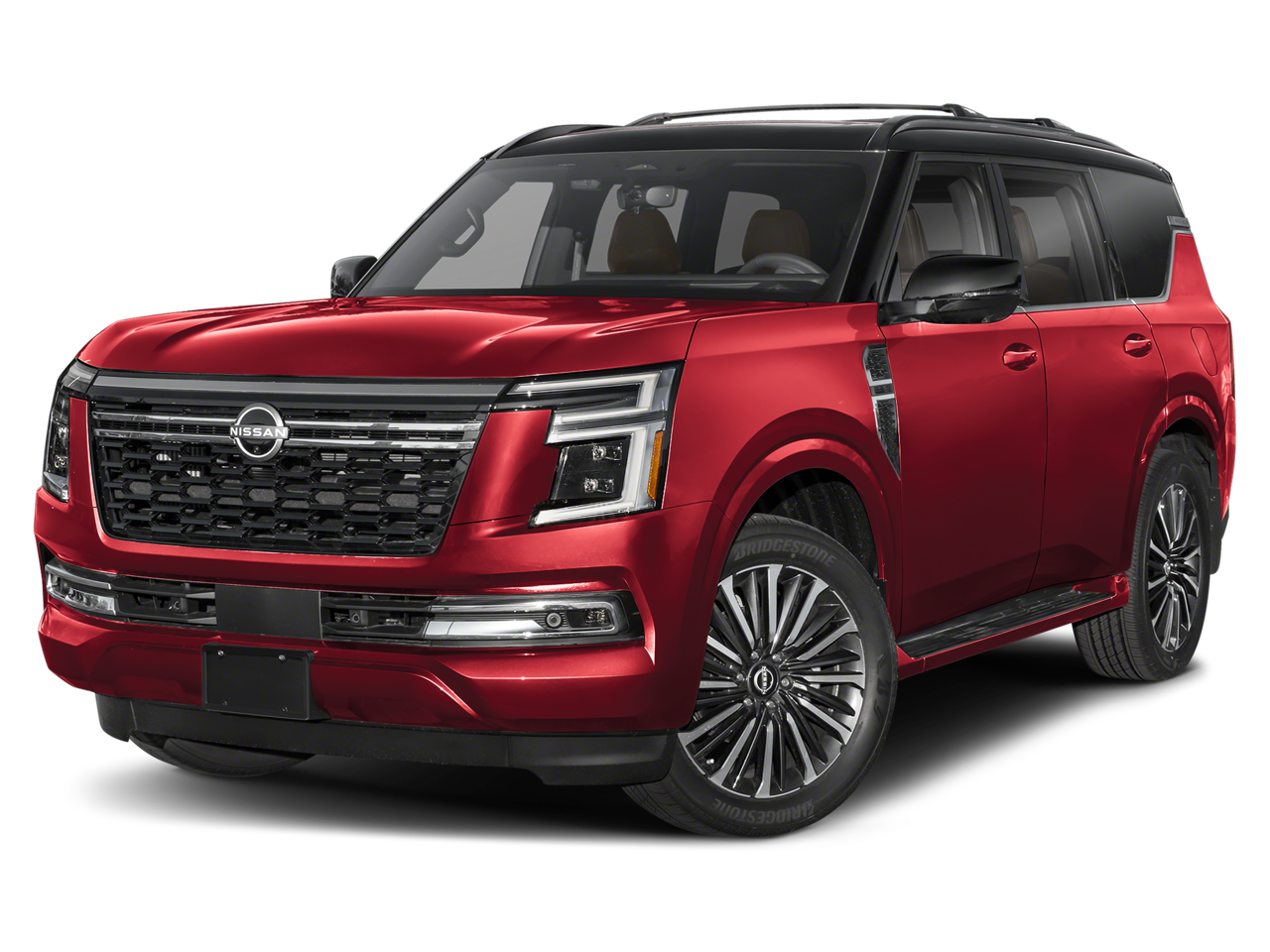 2026 Nissan Armada Platinum Reserve in Coulis Red Pearl/Super Black — front three-quarter view