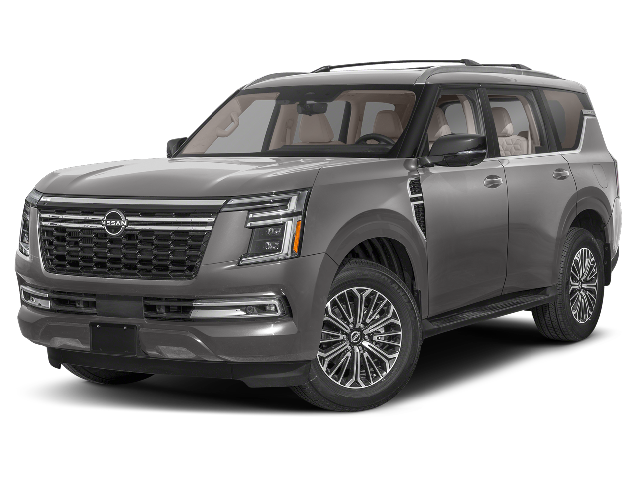 2026 Nissan Armada Platinum in Gun Metallic — front three-quarter view