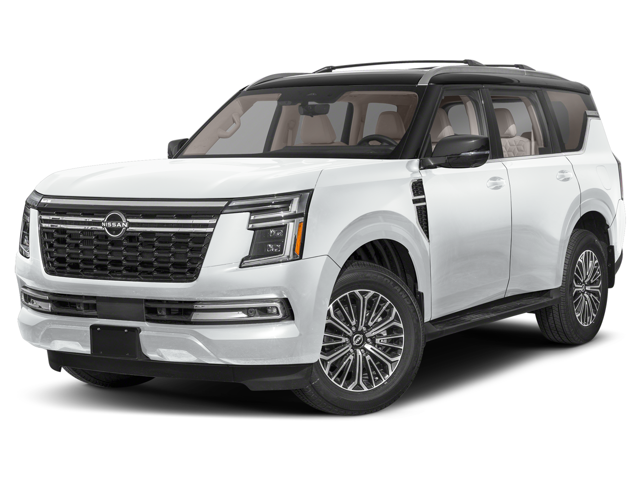 2026 Nissan Armada Platinum in Aspen White Tricoat/Super Black — front three-quarter view