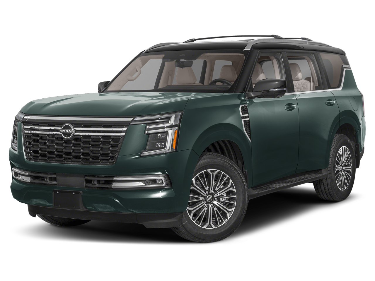 2026 Nissan Armada Platinum in Alpine Metallic/Super Black — front three-quarter view