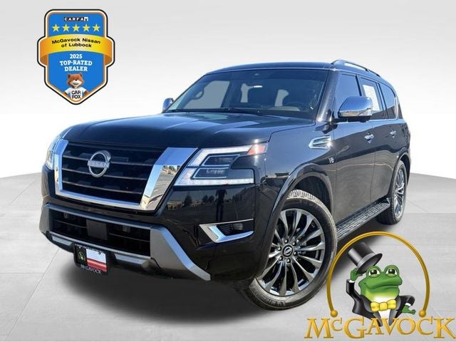 2021 Nissan Armada Platinum in Super Black — front three-quarter view