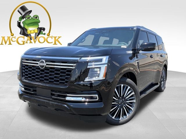 2026 Nissan Armada Platinum Reserve in Super Black — front three-quarter view