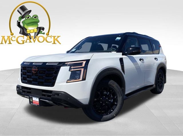 2026 Nissan Armada PRO-4X in Aspen White Tricoat — front three-quarter view