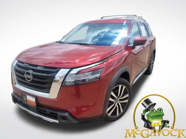 2023 Nissan Pathfinder Platinum in Scarlet Ember Tintcoat — front three-quarter view